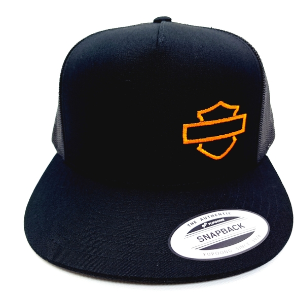 Harley Bar & Shield Flat Bill Snapback Baseball Cap Hat Black Embroidered - Picture 2 of 4